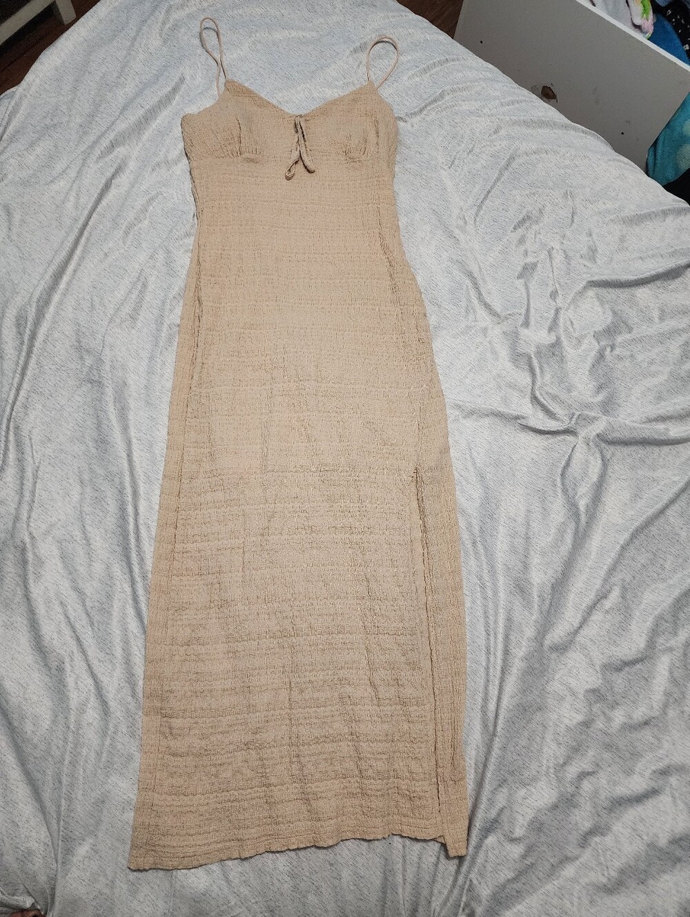Tan Textured Spaghetti-Strap Maxi Dress